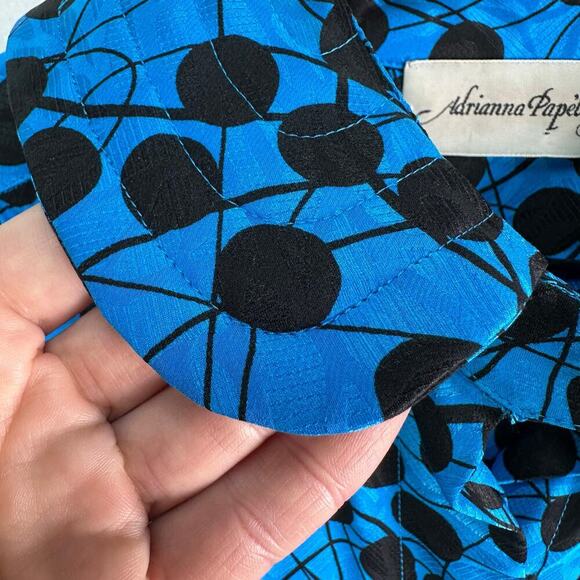 Adrianna Papell Vintage 100% Silk Blue Black Polka Dot Long Sleeve Blouse Size 8 - Picture 7 of 16